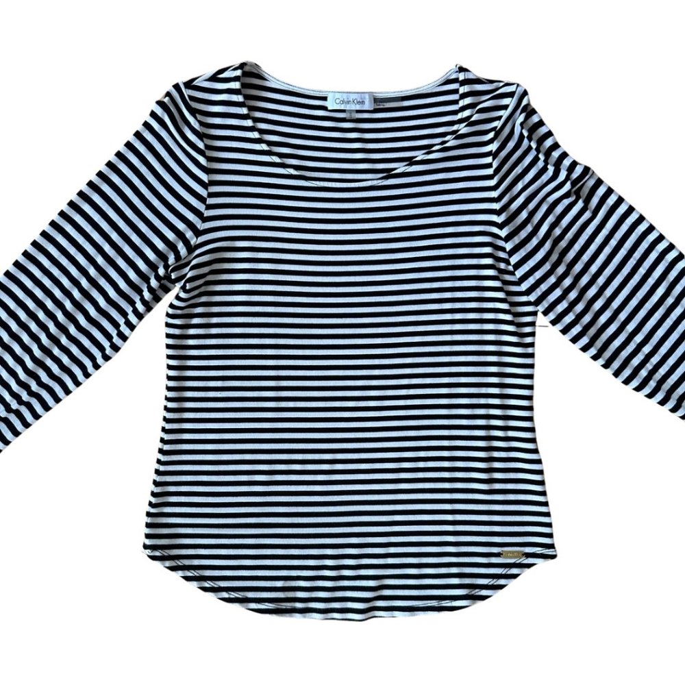 Calvin Klein Black + White Striped Long-Sleeved Tee Women's US Size M